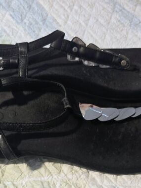 Black T-Strap Women's Sandals with Silver Scale Accent